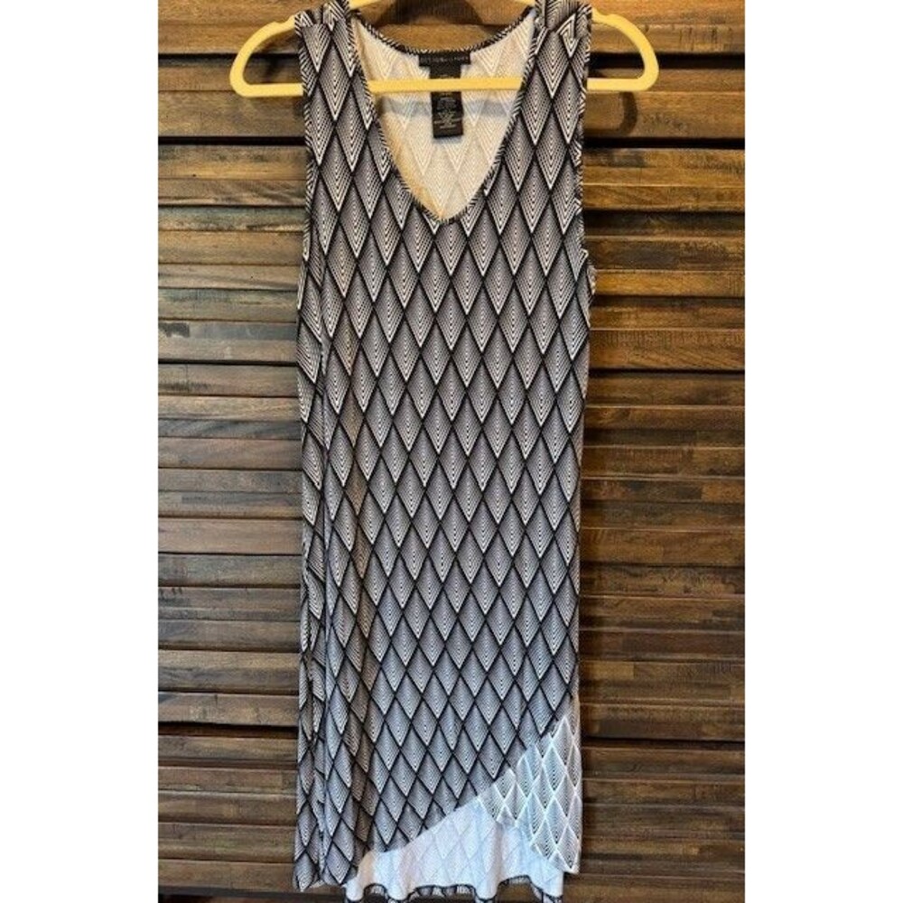 Ladies DESIGN HISTORY LRG Black White Geometric Hem Sleeveless Dress Party EUC